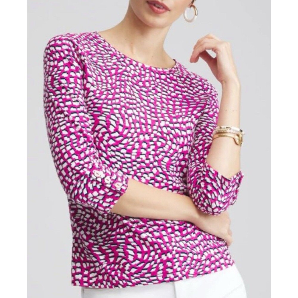 Chicos Pink Abstract White Squares Sz 1 Woman Medium 3/4 Sleeve Cotton Blouse